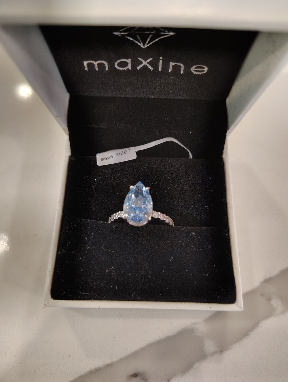 Maxine Pear Cut Blue Sapphire Simulant Ring | 4.0 CT | Sterling Silver | Size 7